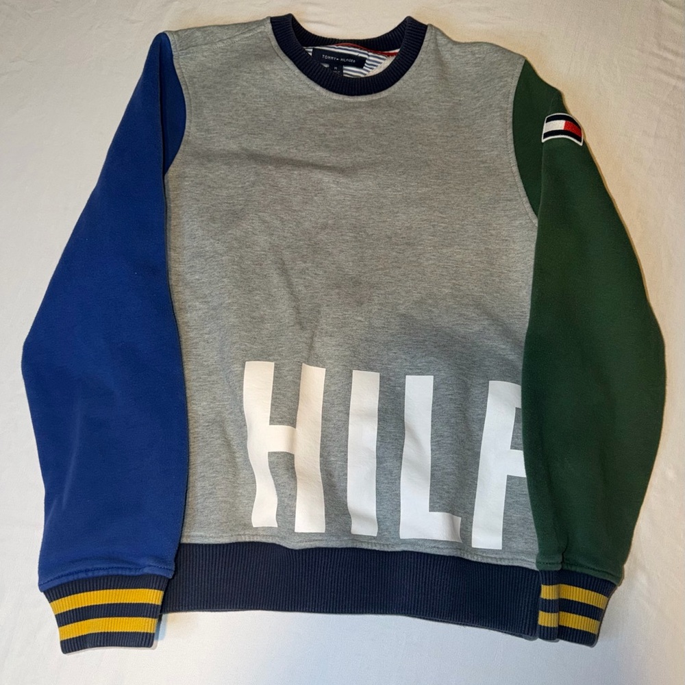 Tommy Hilfiger Colorblock Logo Sweatshirt Crewneck Grey Blue Green Size M